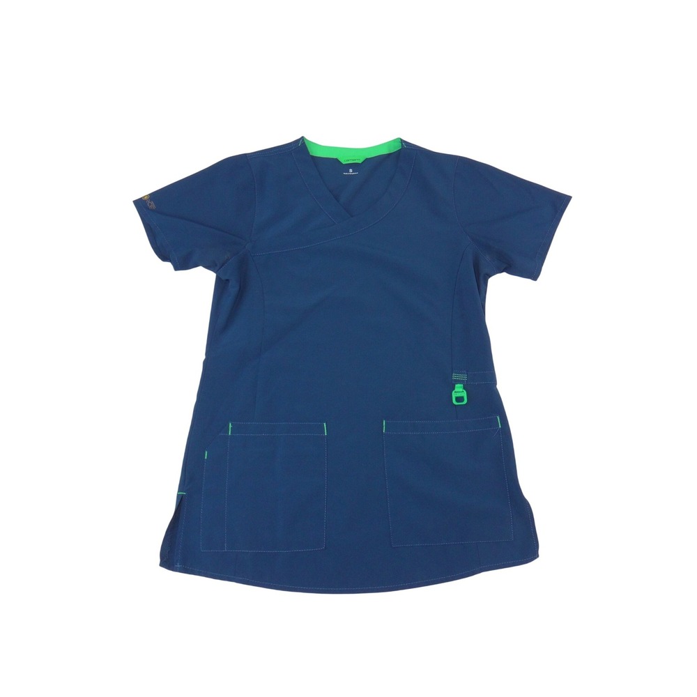 Carhartt Force Womens Navy Blue Lime Green V-Neck Mock Wrap Scrub Top Small